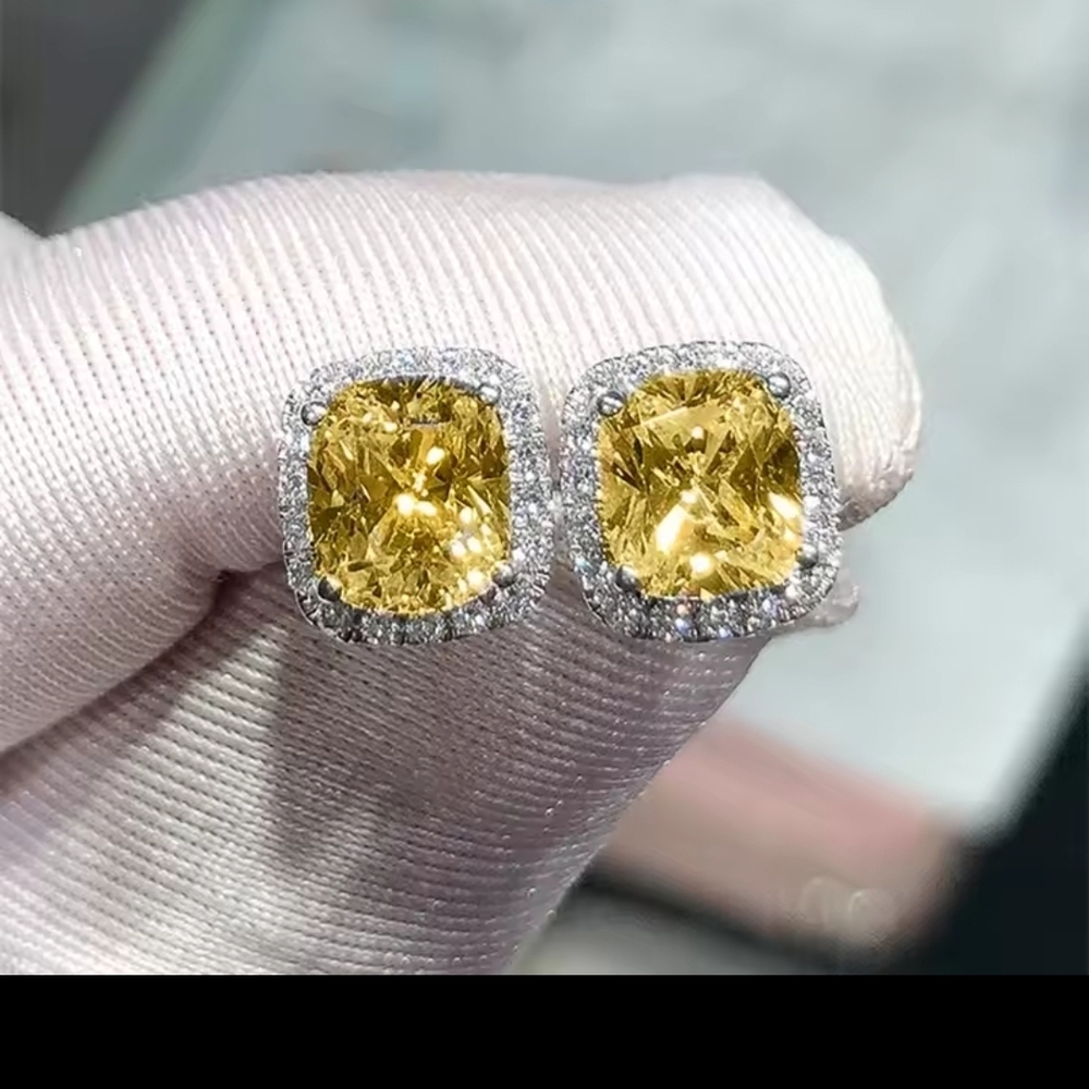 Delicate Stylish Silver and Yellow Square Shape CZ Stud Earring, Perfect Gift - Picture 4 of 5